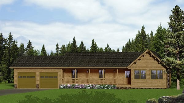 one story log home with a double garage