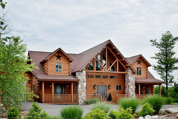 Log home with landscaping