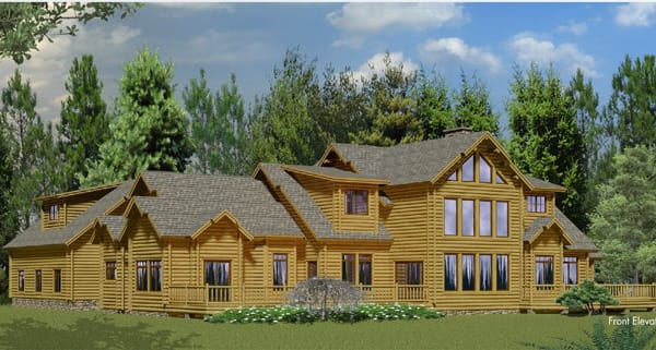 Rendering of a contemporary model log home.