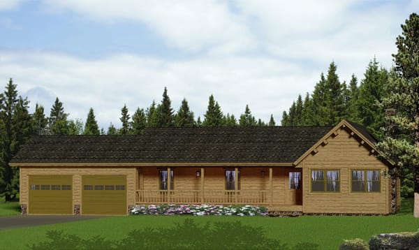 one story log home with a double garage