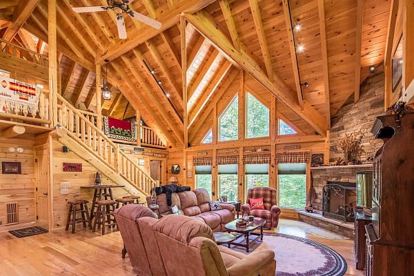 Interior open living room of custom log home.