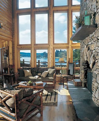 Custom log home interior great room